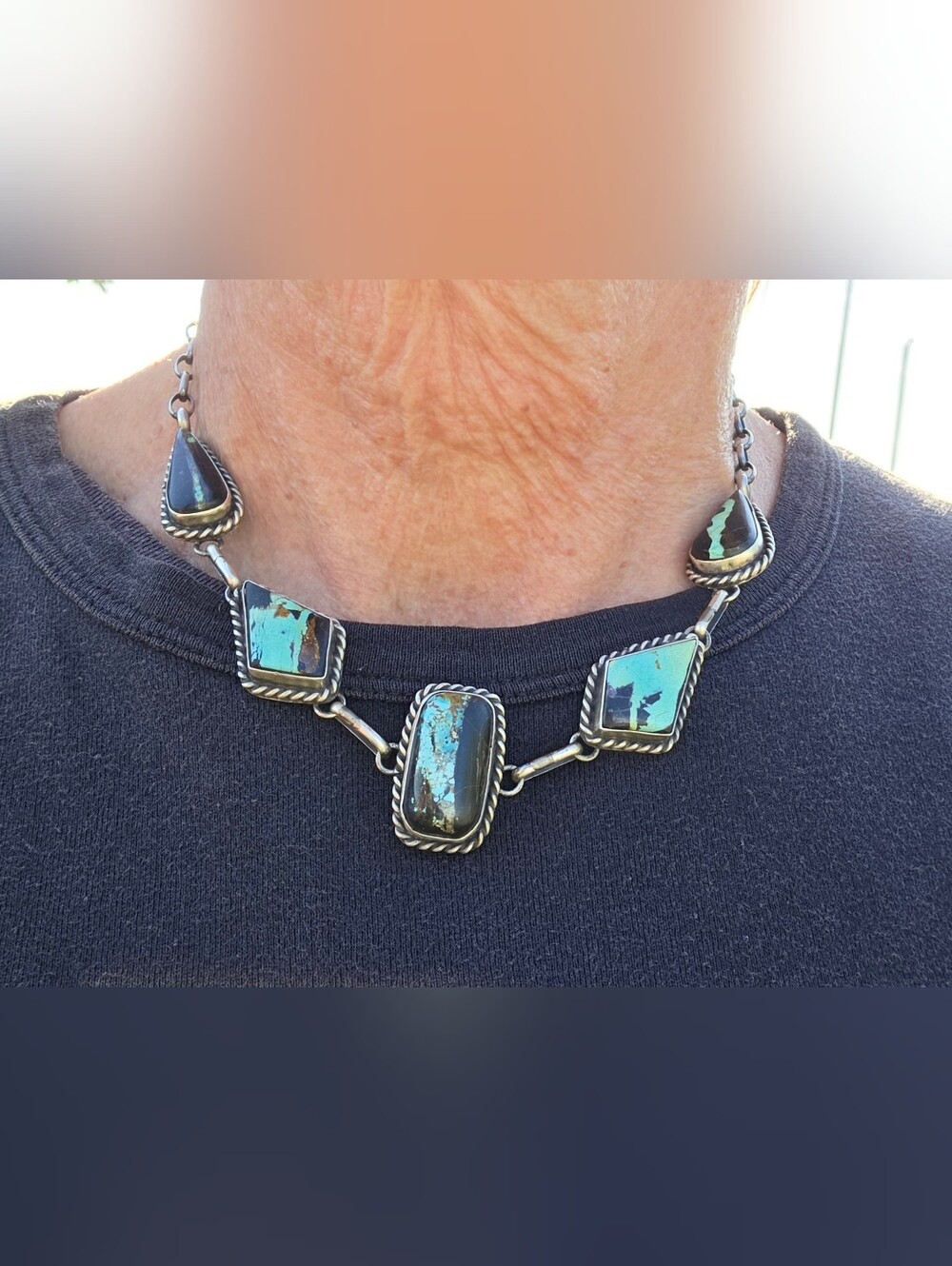 BEAUTIFUL BLACK JACK TURQUOISE STERLING SILVER NAVAJO MADE NECKLACE - Picture 8 of 9